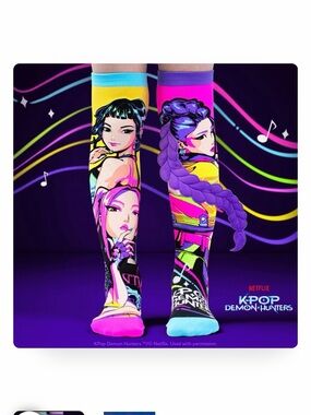 K pop Demon Hunters Neon Character Crew Socks - Pink, Purple, Yellow, Blue